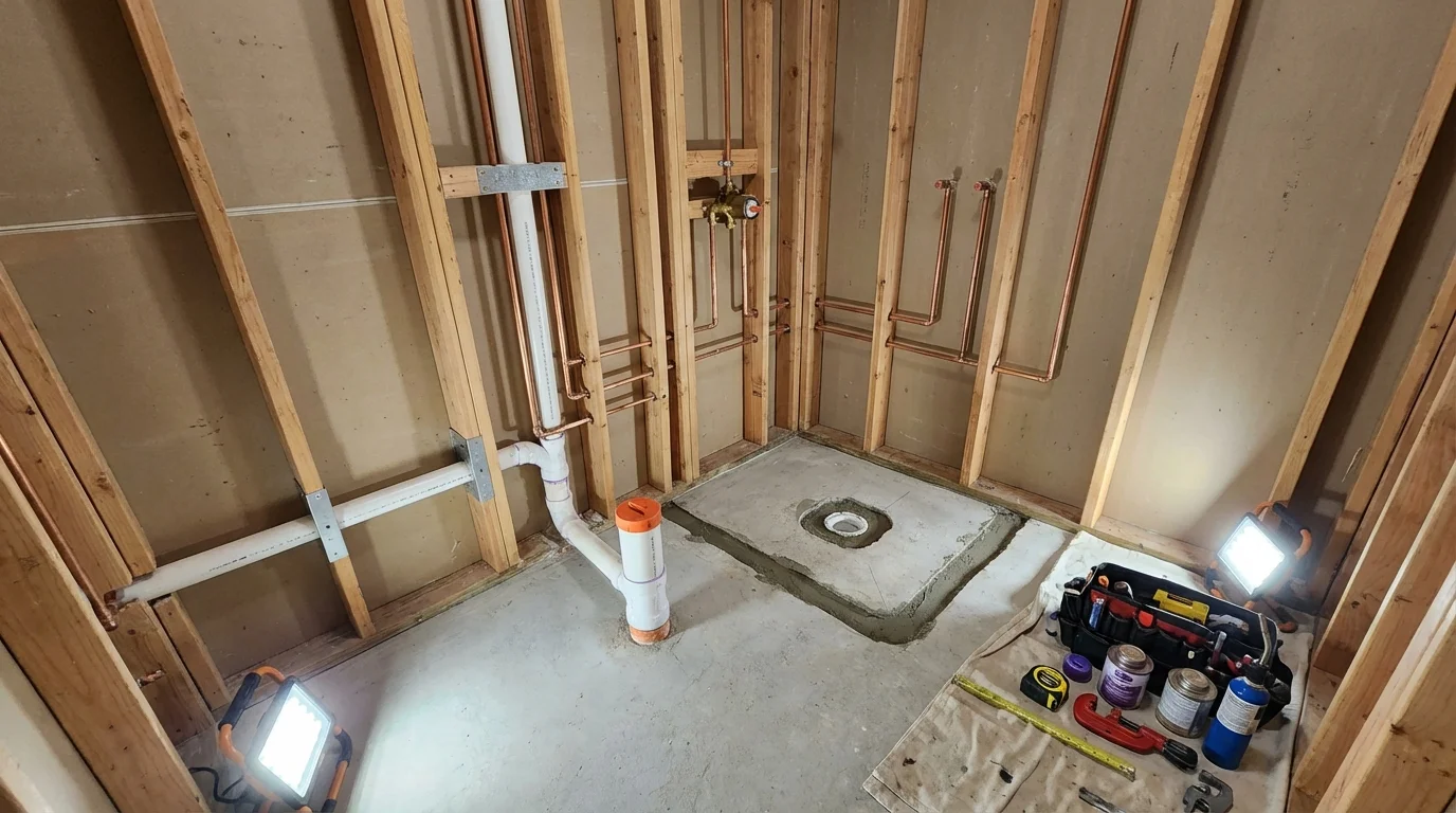 Bathroom rough-in plumbing during remodel by Johns Plumbing LLC in Sturtevant