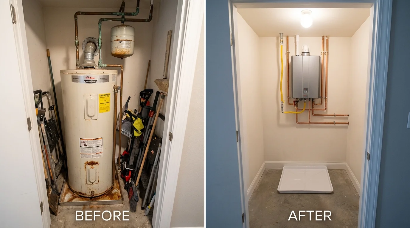 Tank water heater versus wall-mounted tankless unit comparison for Sturtevant, WI homeowners