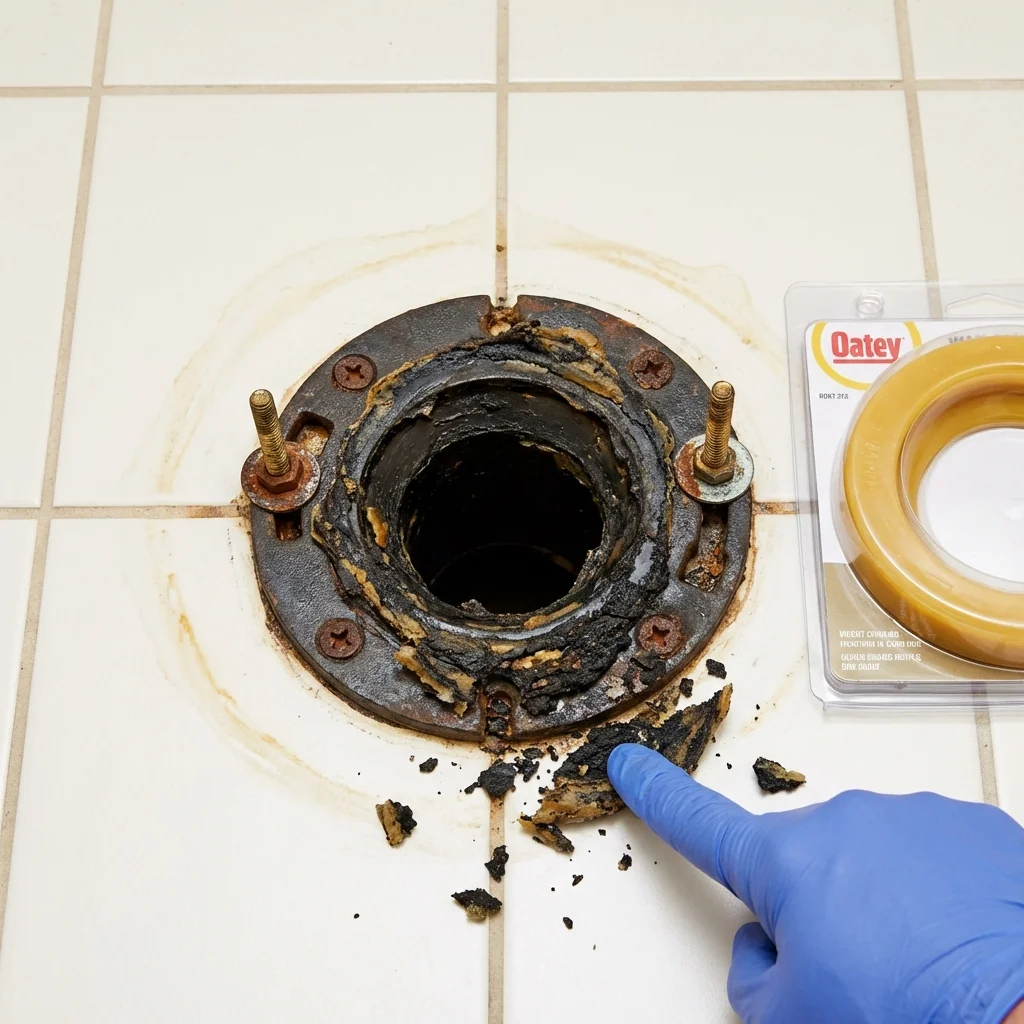 Failed wax ring showing water seepage at the base of a toilet in a Sturtevant, WI home