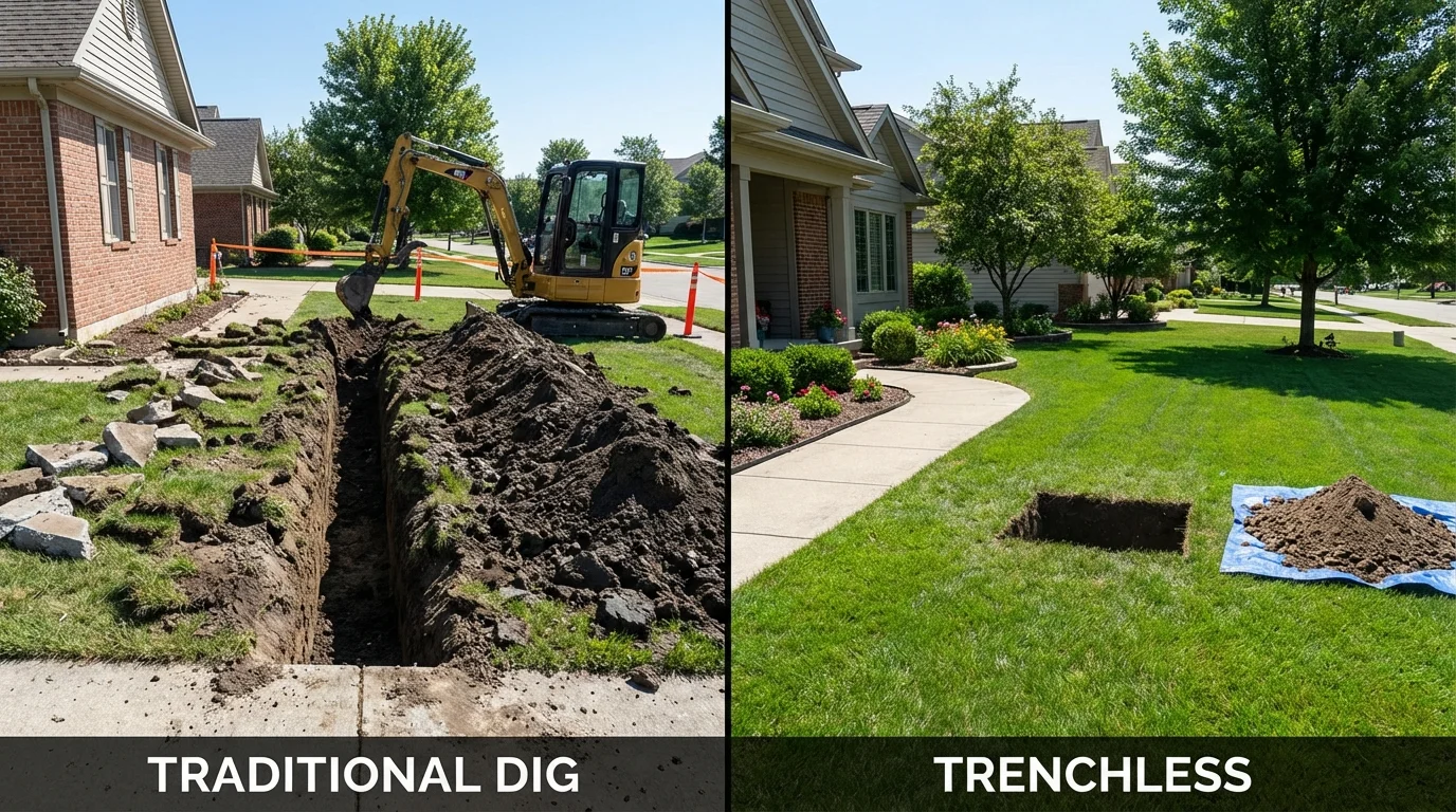 Trenchless sewer repair with minimal yard damage versus traditional excavation in Sturtevant, WI
